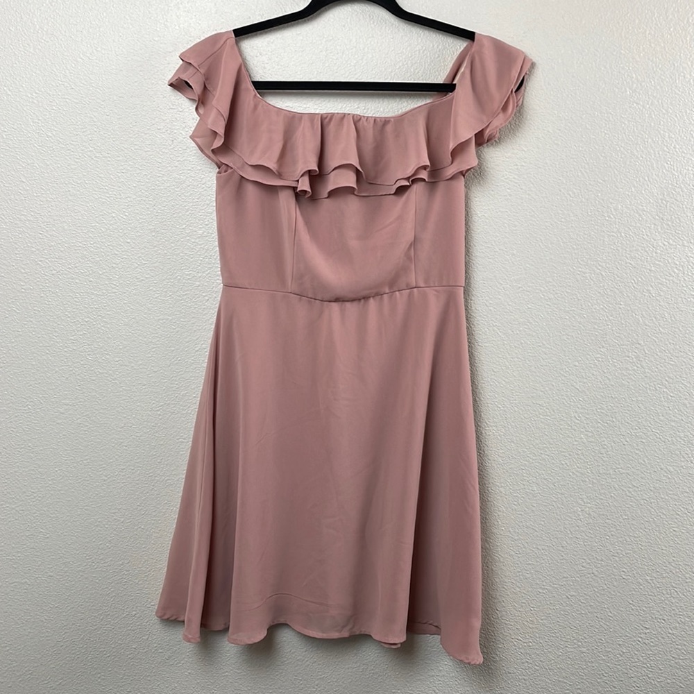 Lulus Win Your Heart Blush Ruffle Off-the-Shoulder Skater Dress size M